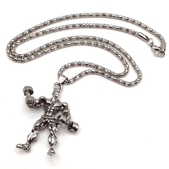 Stainless Bodybuilder Necklace Weightlifting Fitness Gym Bro Birthday Gift - NEW - Picture 2 of 6